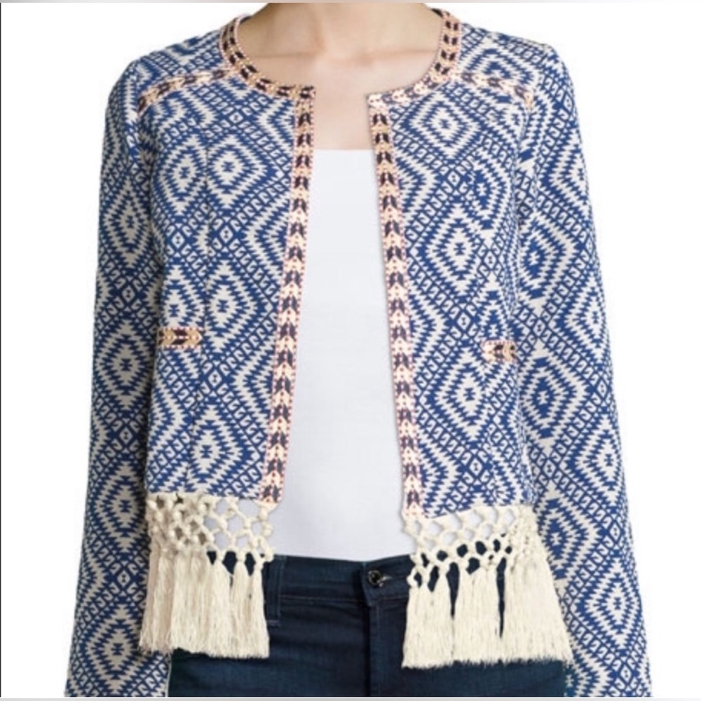 Tularosa Jacket Women’s Santa Fe Fringe Sweater Crochet Blue Ivory Boho Sz Small